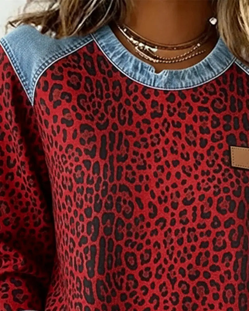 Leopard Print Patchwork Denim Sweater
