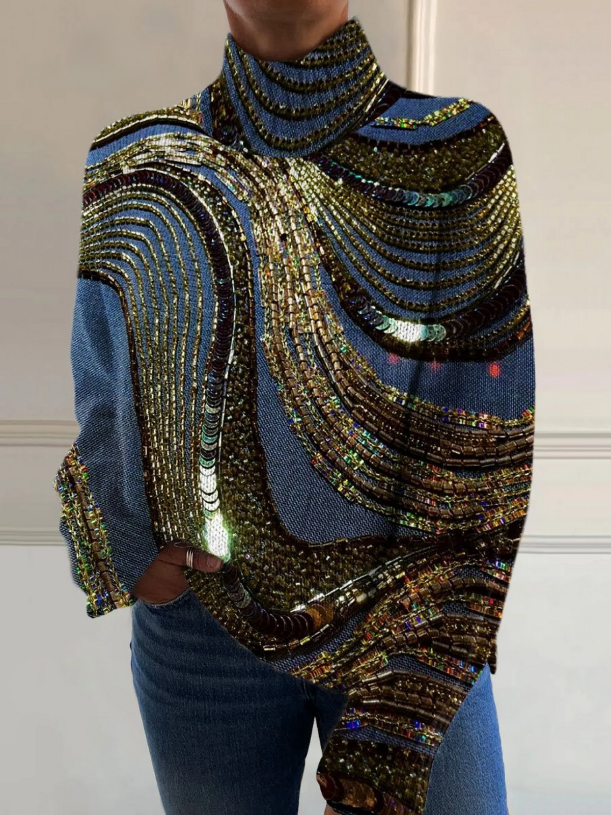 Luxury Knit Sweater with Bead Art Pattern and Turtleneck