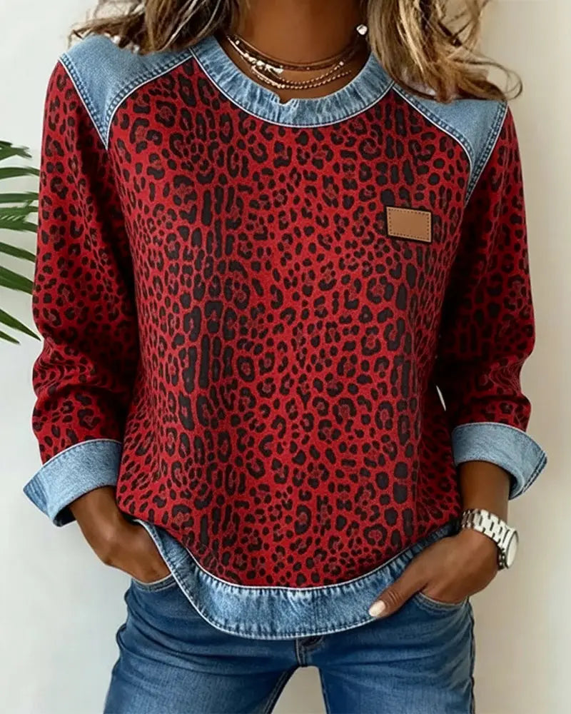 Leopard Print Patchwork Denim Sweater