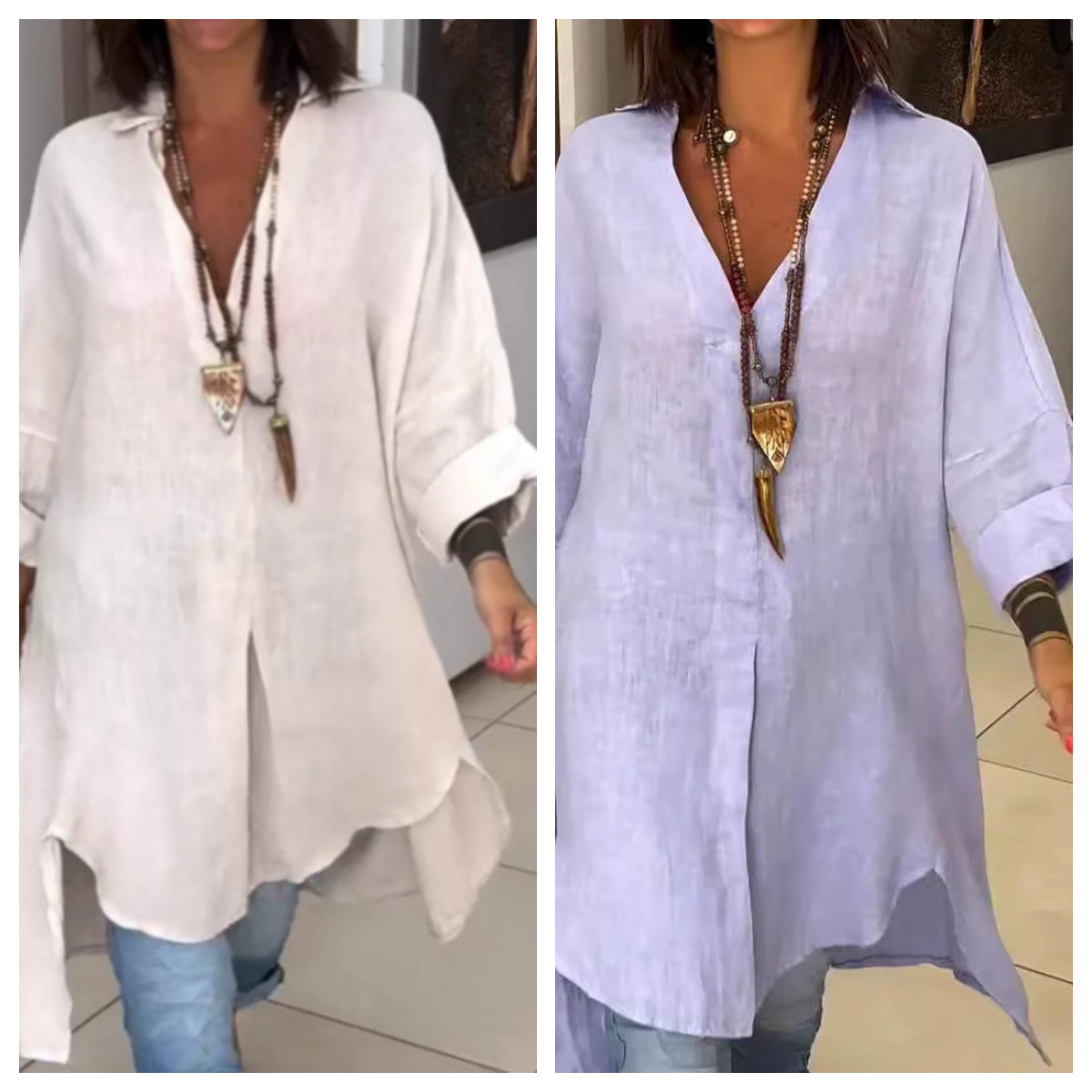 Summer Casual Cotton Linen V-Neck Shirt