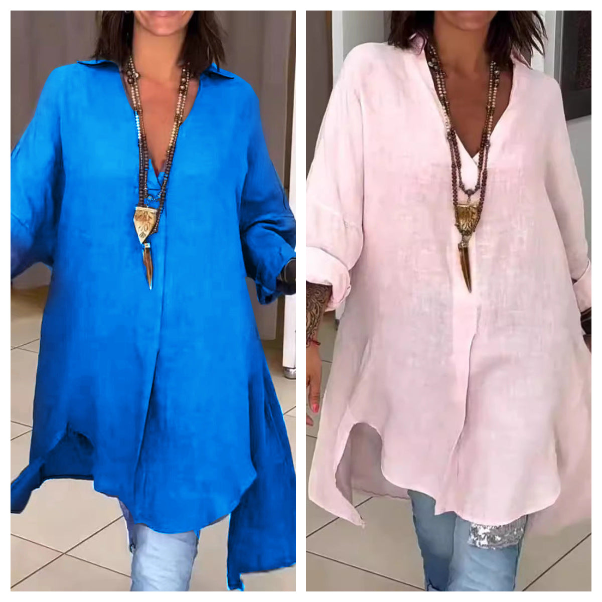 Summer Casual Cotton Linen V-Neck Shirt