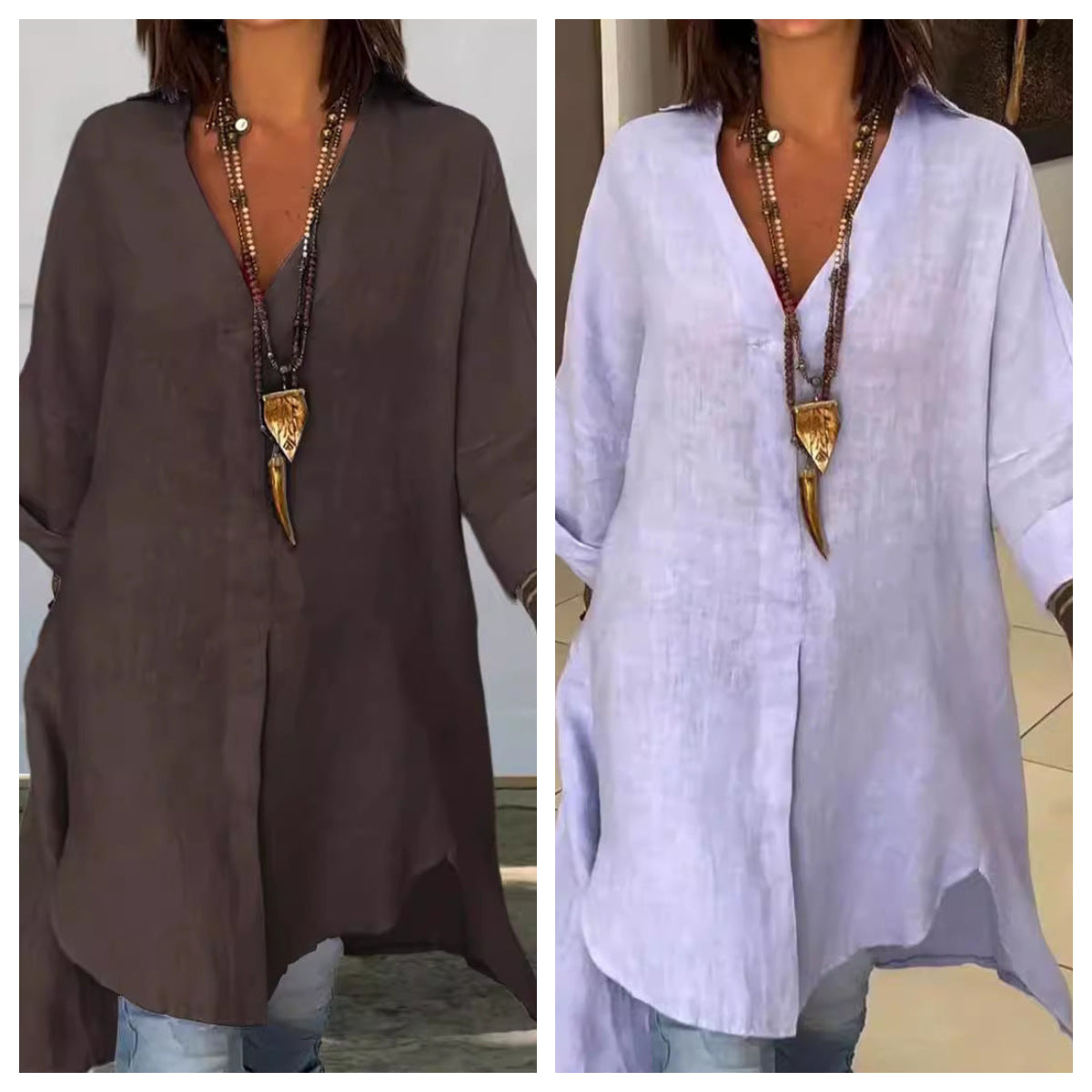 Summer Casual Cotton Linen V-Neck Shirt