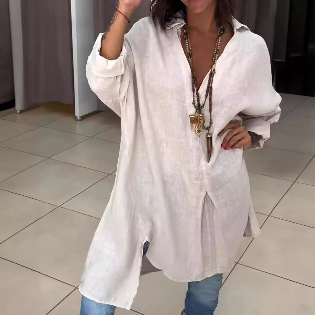 Summer Casual Cotton Linen V-Neck Shirt